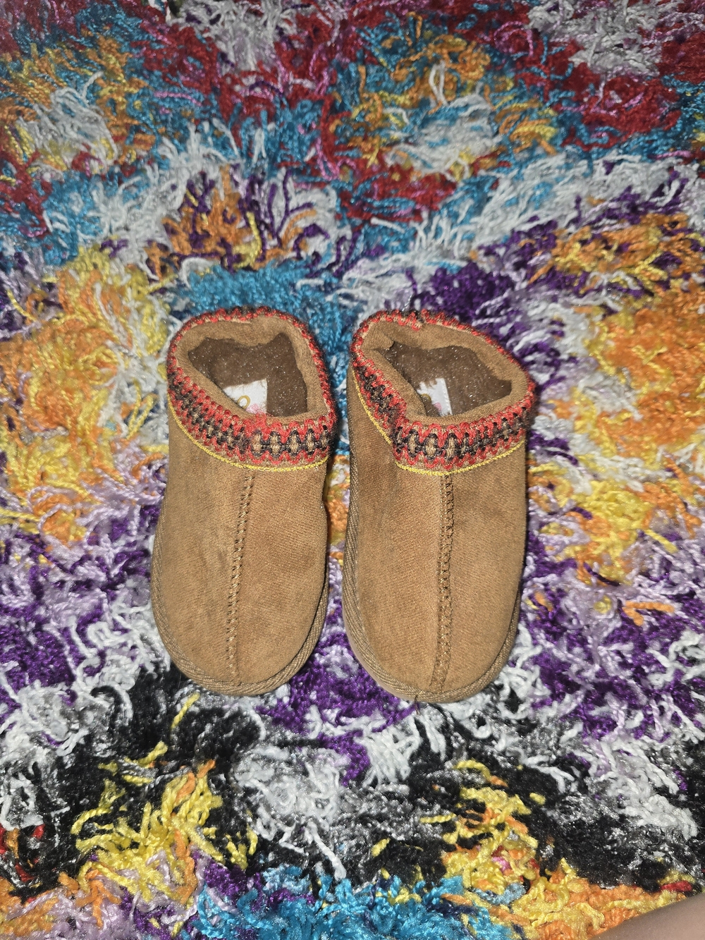 Toddler Soft Brown Suede Moccasin Slippers with Colorful Trim